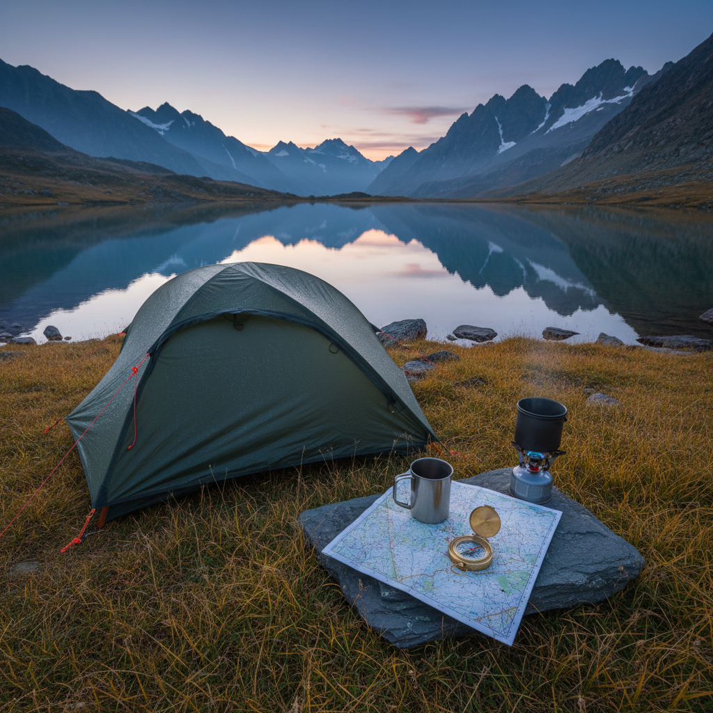 A compact camp setup featuring a dark green ultralight tent pitched on a bed of golden alpine grass beside a crystal-clear mountain lake. A small camp stove simmers on a flat stone, next to a titanium mug and a folded topographic map weighted by a compass. Early morning blue-hour light gently illuminates the scene, with the first hints of sunrise painting the horizon and reflecting on the still water. The mood is bold yet serene, suggesting quiet determination before a big hike. Photographic realism from a wide-angle, eye-level composition captures crisp detail in the foreground with the jagged peaks behind slightly softened by atmospheric haze.