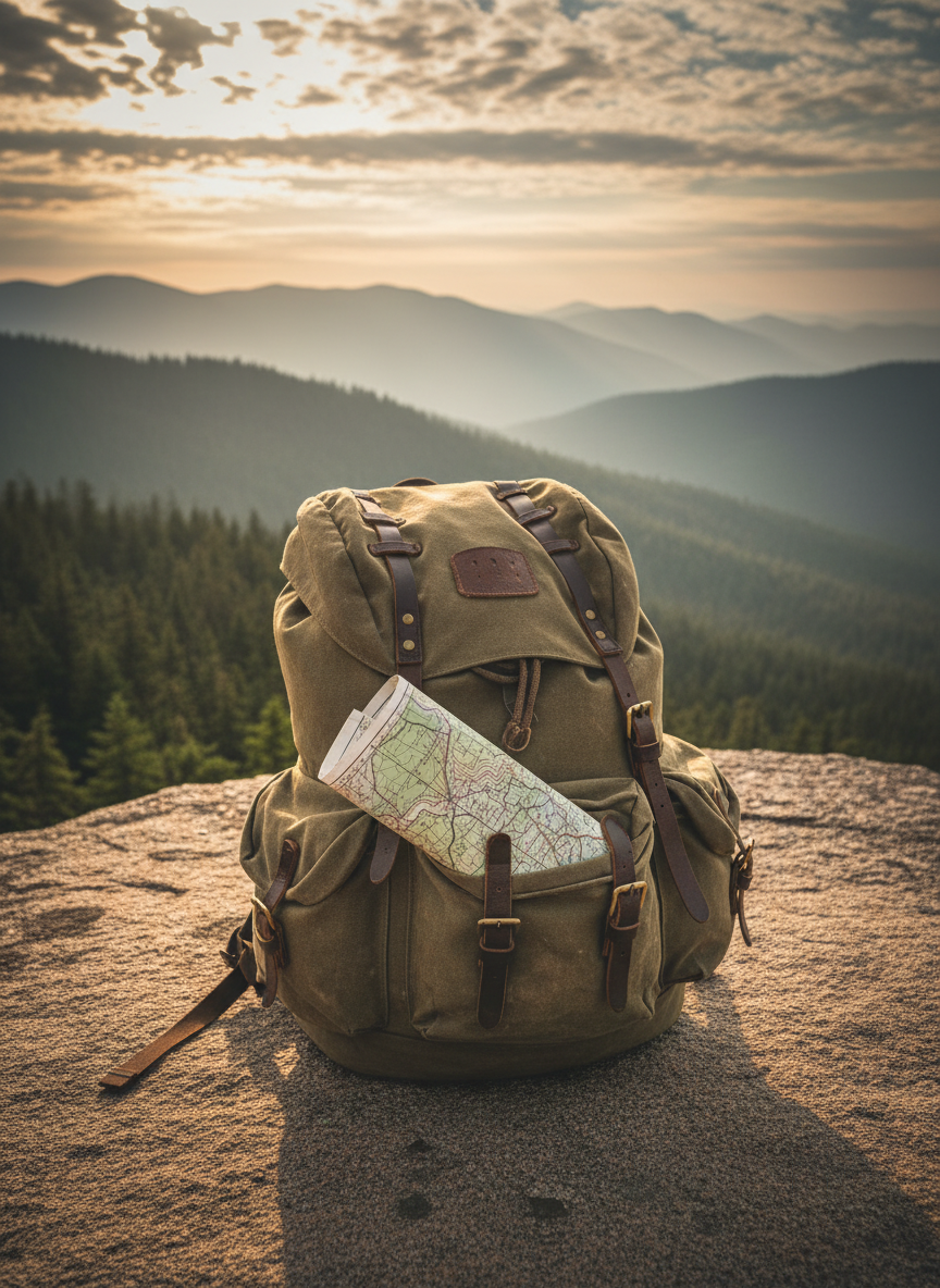 A rugged olive-green hiking backpack with weathered canvas fabric, leather strap details, and a trail-worn map half tucked into the front pocket, resting on a flat rock at the edge of a panoramic mountain overlook. Layers of forested ridges fade into the distance under a dramatic, cloud-splintered sky. Late afternoon golden light cuts across the scene, casting crisp shadows and highlighting the backpack’s textures and earthy tones. Photographic realism with a bold, adventurous mood, captured from a low, slightly angled perspective so the backpack dominates the foreground while the sweeping landscape blurs softly behind, creating a shallow depth of field that suggests limitless travel possibilities.