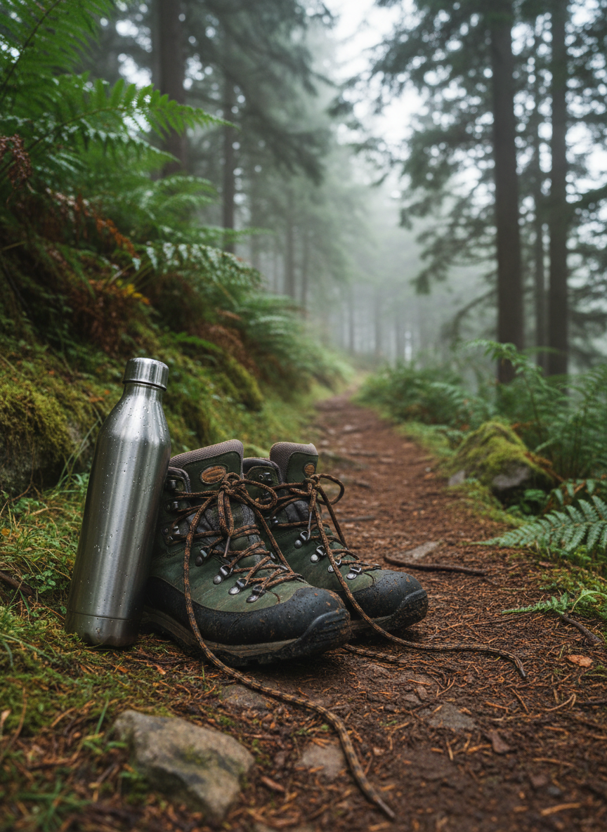 A pair of mud-dusted hiking boots in deep forest green and charcoal, their thick laces loosely undone, positioned beside a narrow dirt trail lined with mossy stones and fern fronds. A stainless steel water bottle with condensation beads leans against one boot, catching soft, diffused overcast light filtering through dense pine branches above. The atmosphere feels cool, crisp, and invigorating, with subtle mist curling in the distant trees. Shot in photographic realism from a slightly elevated angle, using the rule of thirds to place the boots off-center, with the winding trail leading the eye into the background, evoking stories of past and future journeys.