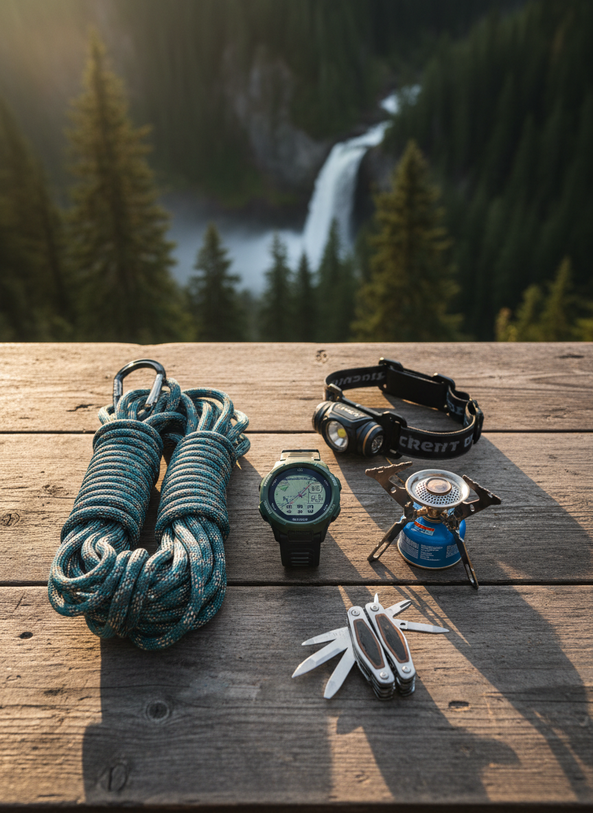 An arrangement of hiking product review essentials laid out on a weathered wooden table: a deep green GPS watch, a compact ultralight stove, a rugged headlamp, a folded multi-tool, and a neatly coiled climbing rope with rich teal strands. Behind them, a blurred backdrop of dense evergreen forest and a distant waterfall provides context. Warm, angled late-afternoon sunlight streams in from the side, creating strong highlights on metal surfaces and bold, dynamic shadows between each item. The photographic composition uses an overhead, flat-lay perspective with careful spacing, emphasizing clarity and comparison, perfect for a gear review section on a travel blog with a nature-inspired, earthy aesthetic.