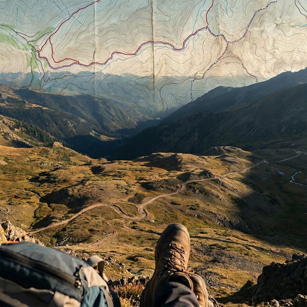 Topographical map overlaid on a hiker's perspective of a mountain valley with winding trails.