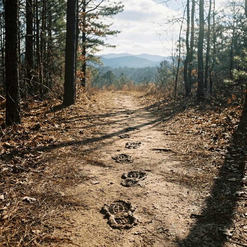 Boot prints follow a muddy forest trail toward distant blue mountains under a bright sky.