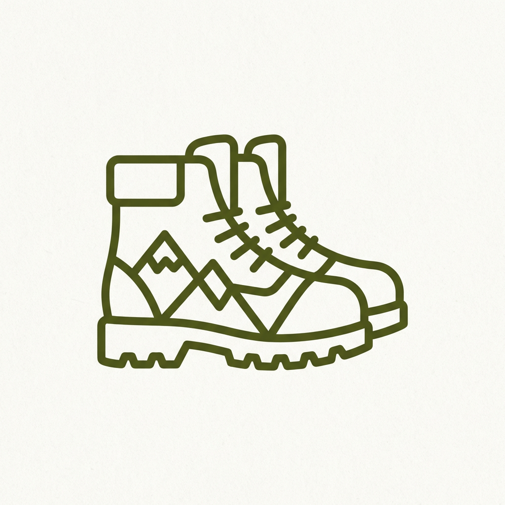 Green line art illustration of hiking boots with a mountain peak design.